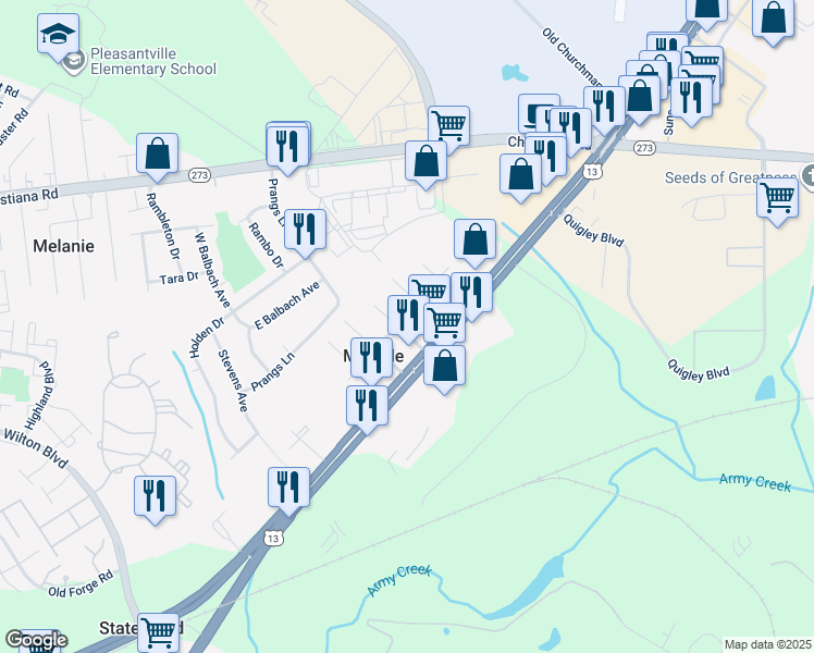 map of restaurants, bars, coffee shops, grocery stores, and more near 3 4th Avenue in New Castle