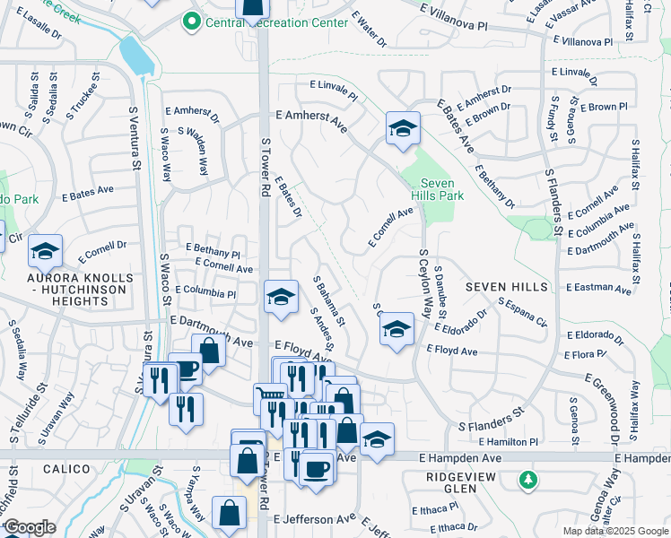 map of restaurants, bars, coffee shops, grocery stores, and more near 3022 South Biscay Circle in Aurora