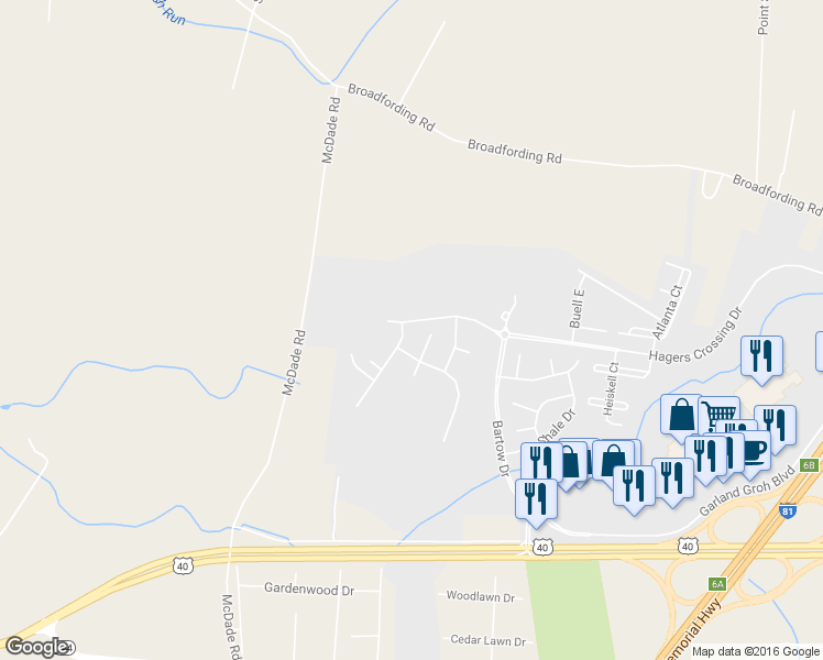 map of restaurants, bars, coffee shops, grocery stores, and more near 12100 Fallen Timbers Circle in Hagerstown