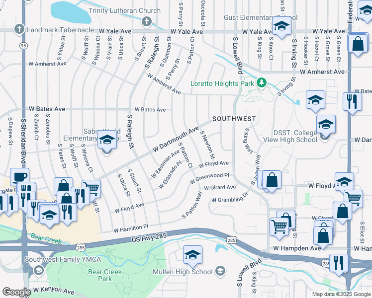 map of restaurants, bars, coffee shops, grocery stores, and more near 3208 South Patton Court in Denver