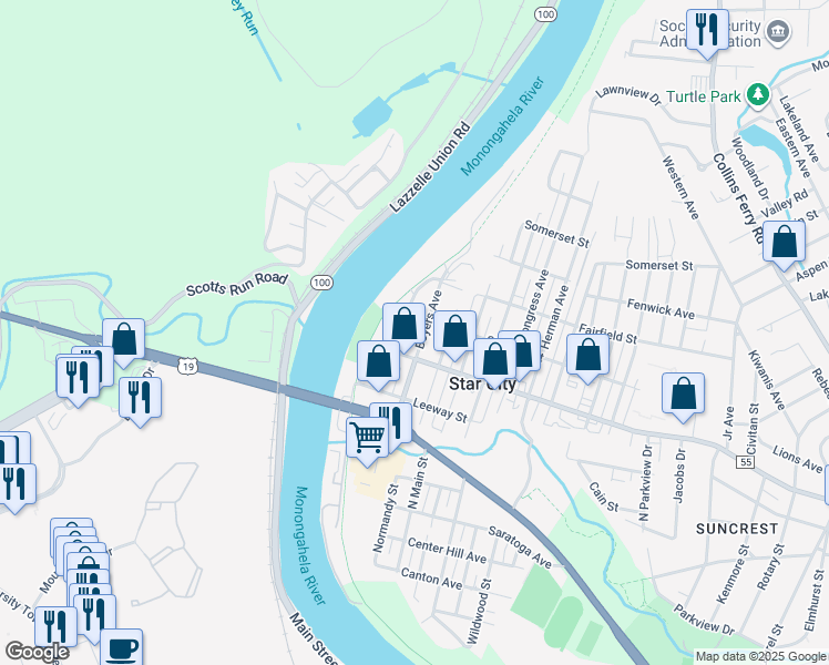 map of restaurants, bars, coffee shops, grocery stores, and more near 421 Boyers Avenue in Morgantown