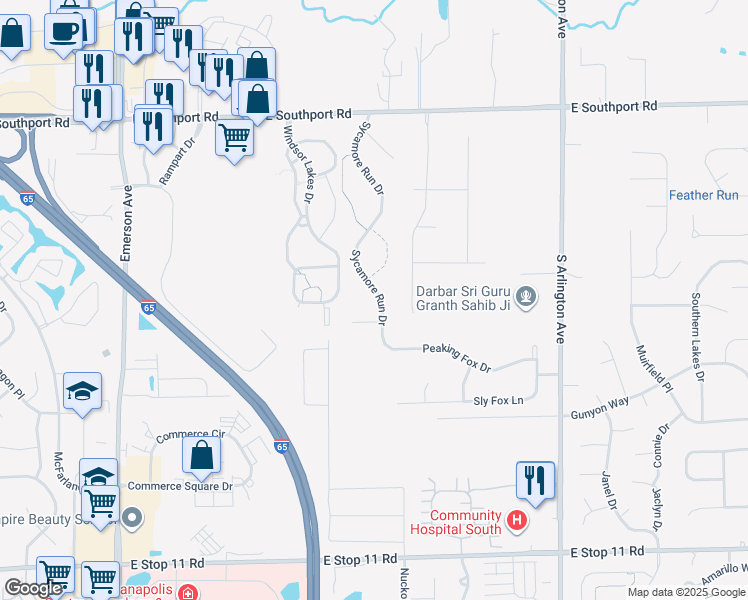 map of restaurants, bars, coffee shops, grocery stores, and more near 7412 Sycamore Run Drive in Indianapolis