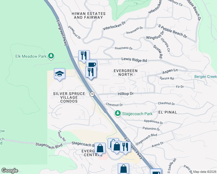 map of restaurants, bars, coffee shops, grocery stores, and more near 3037 Bergen Point Trail in Evergreen