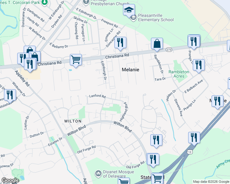 map of restaurants, bars, coffee shops, grocery stores, and more near 207 Highland Boulevard in New Castle