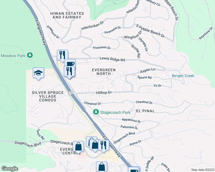 map of restaurants, bars, coffee shops, grocery stores, and more near 30553 Hilltop Dr in Evergreen