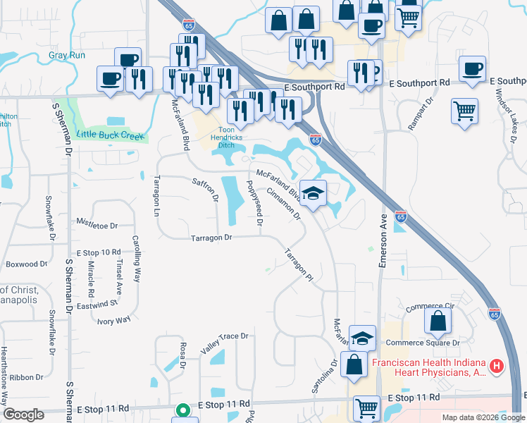 map of restaurants, bars, coffee shops, grocery stores, and more near 7383 Poppyseed Drive in Indianapolis