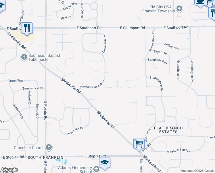 map of restaurants, bars, coffee shops, grocery stores, and more near 7430 Franklin Parke Woods in Indianapolis