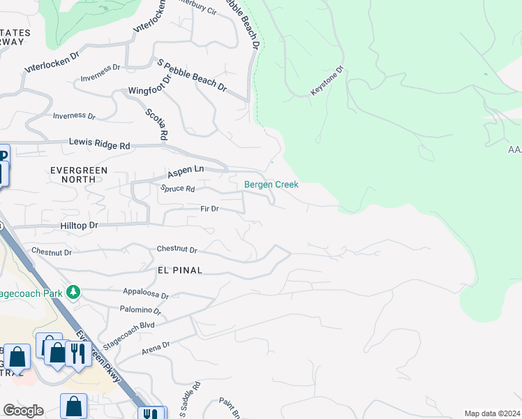 map of restaurants, bars, coffee shops, grocery stores, and more near 29632 Spruce Road in Evergreen