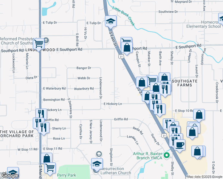 map of restaurants, bars, coffee shops, grocery stores, and more near 7224 South East Street in Indianapolis