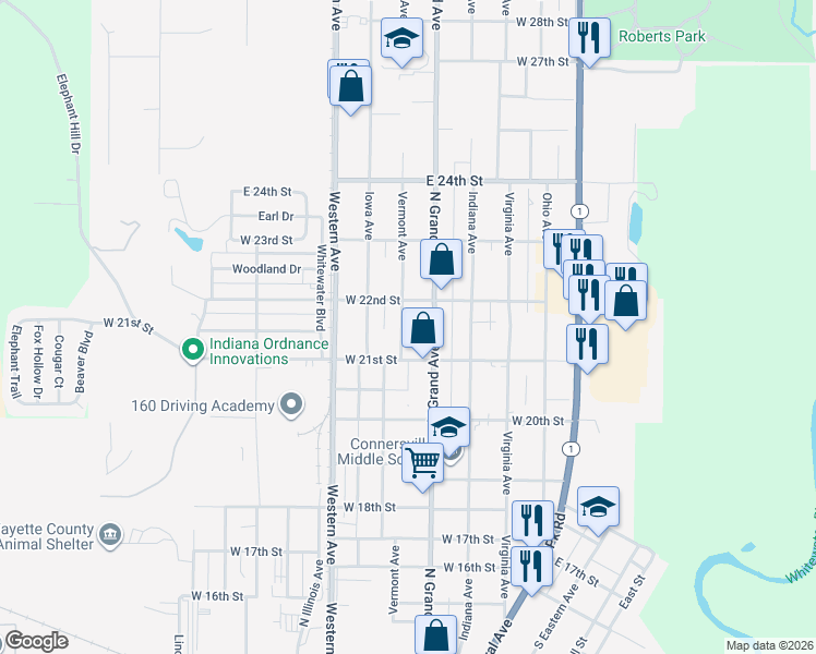 map of restaurants, bars, coffee shops, grocery stores, and more near 2134 Vermont Avenue in Connersville