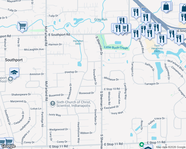 map of restaurants, bars, coffee shops, grocery stores, and more near 7332 Snowflake Drive in Indianapolis