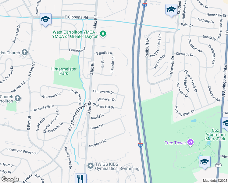 map of restaurants, bars, coffee shops, grocery stores, and more near 369 Farnsworth Drive in Dayton