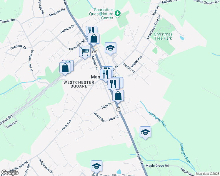 map of restaurants, bars, coffee shops, grocery stores, and more near 3129 Main St in Manchester