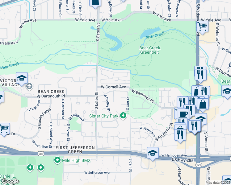 map of restaurants, bars, coffee shops, grocery stores, and more near 8598 West Dartmouth Place in Lakewood