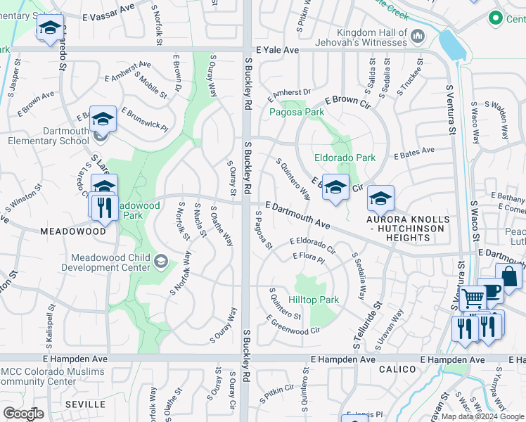 map of restaurants, bars, coffee shops, grocery stores, and more near 3110 South Pagosa Street in Aurora