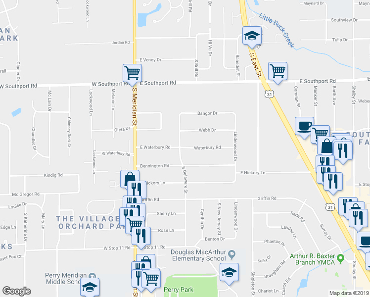 map of restaurants, bars, coffee shops, grocery stores, and more near 217 Waterbury Road in Indianapolis