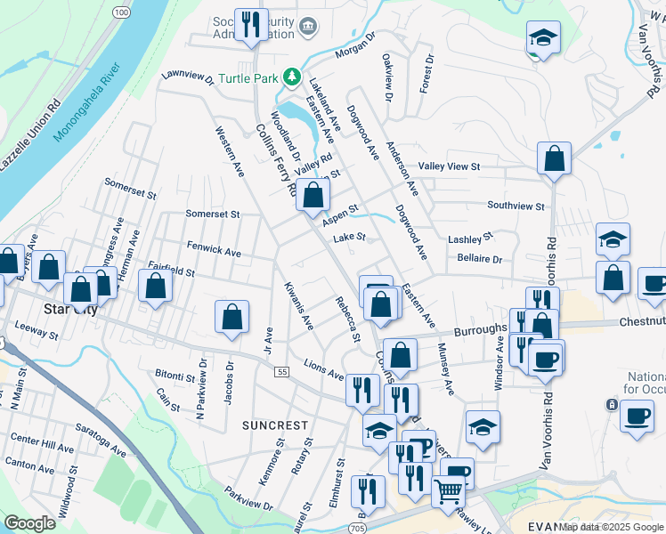 map of restaurants, bars, coffee shops, grocery stores, and more near 484 Rebecca Street in Morgantown