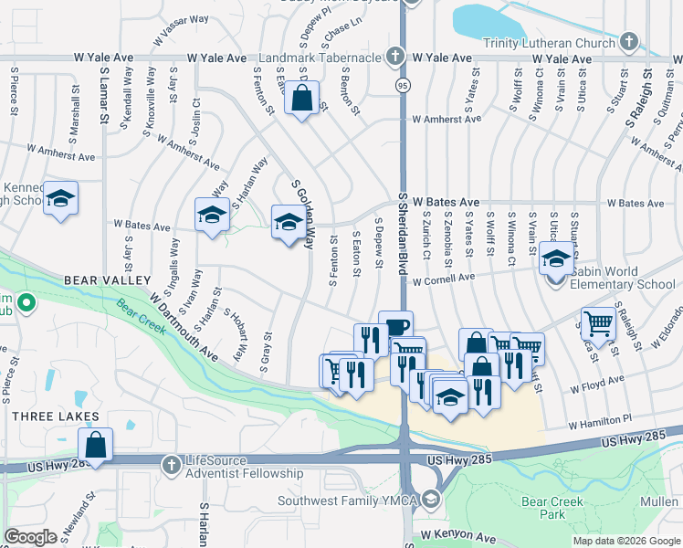 map of restaurants, bars, coffee shops, grocery stores, and more near 2985 South Eaton Street in Denver