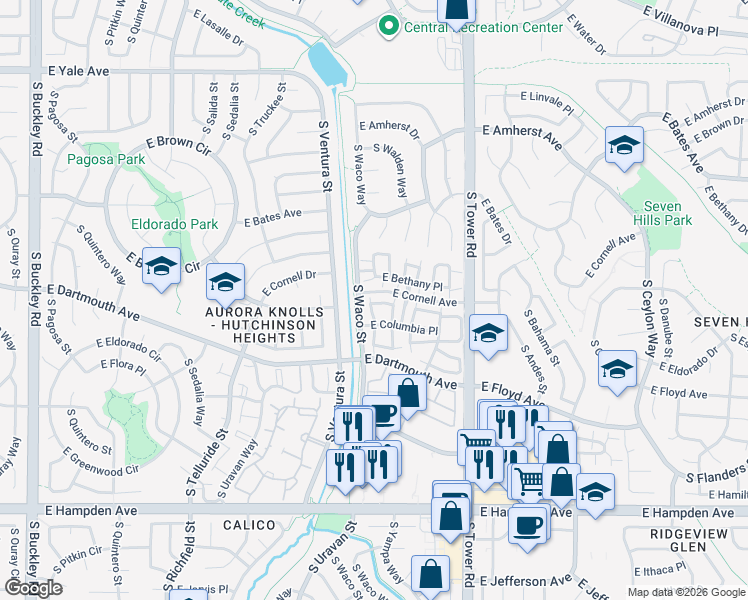 map of restaurants, bars, coffee shops, grocery stores, and more near 18155 East Cornell Place in Aurora