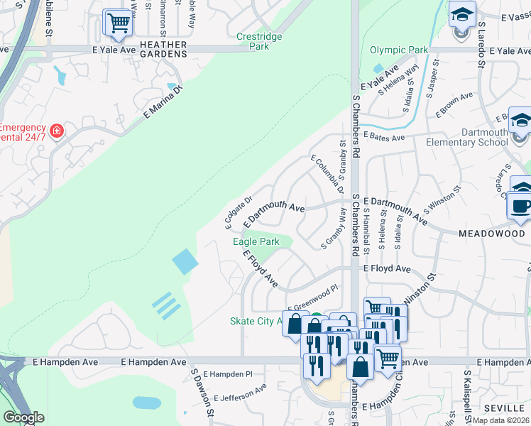 map of restaurants, bars, coffee shops, grocery stores, and more near 14878 East Dartmouth Avenue in Aurora