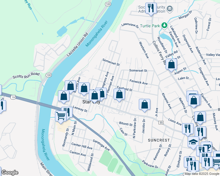 map of restaurants, bars, coffee shops, grocery stores, and more near 468 Herman Avenue in Morgantown