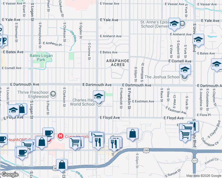 map of restaurants, bars, coffee shops, grocery stores, and more near 3125 S Lafayette St in Englewood