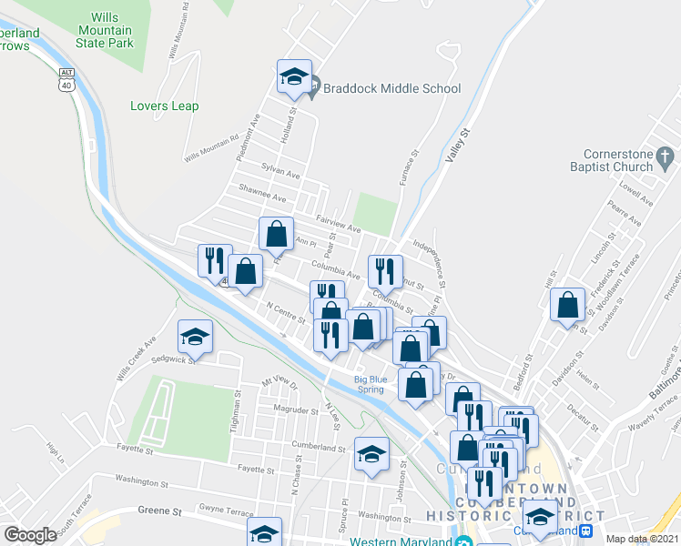 map of restaurants, bars, coffee shops, grocery stores, and more near 528 Columbia Avenue in Cumberland