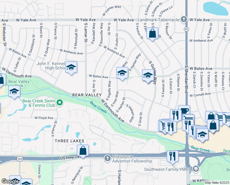 map of restaurants, bars, coffee shops, grocery stores, and more near 3023 South Ivan Way in Denver