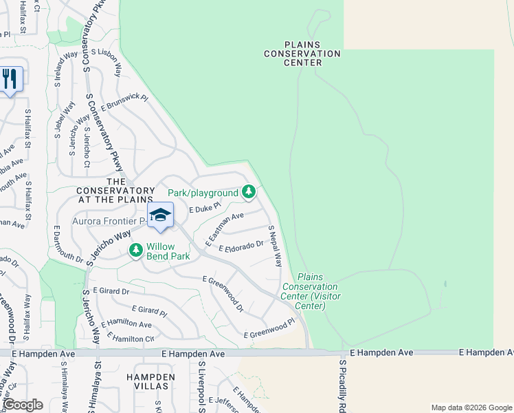 map of restaurants, bars, coffee shops, grocery stores, and more near 3217 South Nepal Way in Aurora