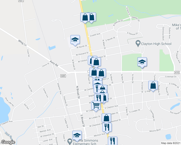 map of restaurants, bars, coffee shops, grocery stores, and more near 22 West Academy Street in Clayton