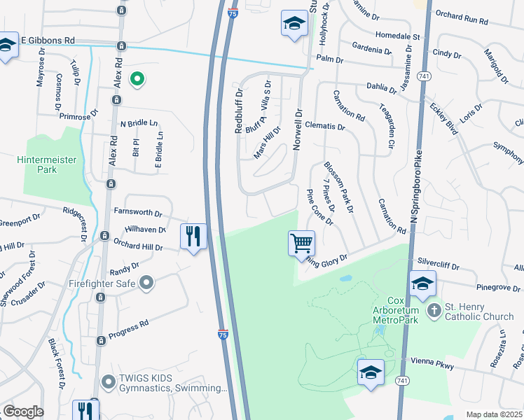 map of restaurants, bars, coffee shops, grocery stores, and more near 119 Shenandoah Trail in Dayton