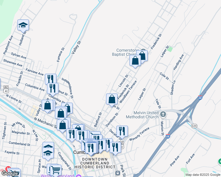 map of restaurants, bars, coffee shops, grocery stores, and more near 526 Bedford Street in Cumberland