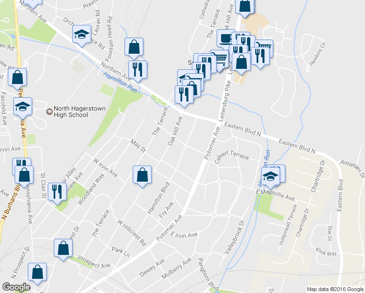 map of restaurants, bars, coffee shops, grocery stores, and more near 1325 Hamilton Blvd in Hagerstown