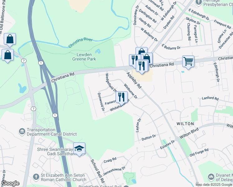 map of restaurants, bars, coffee shops, grocery stores, and more near 17 Granbury Dr in New Castle