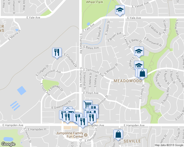 map of restaurants, bars, coffee shops, grocery stores, and more near 3114 South Helena Street in Aurora