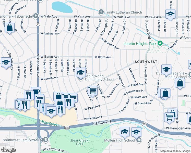 map of restaurants, bars, coffee shops, grocery stores, and more near 3054 South Raleigh Street in Denver