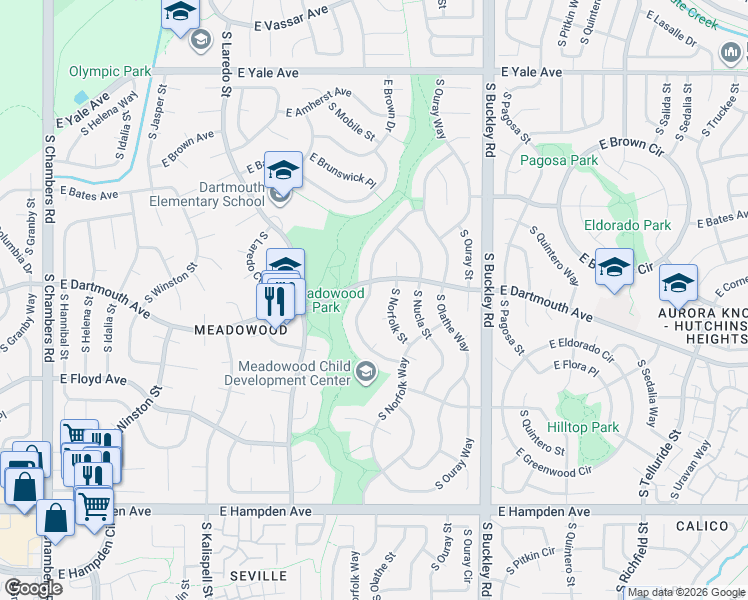 map of restaurants, bars, coffee shops, grocery stores, and more near 3110 South Mobile Way in Aurora
