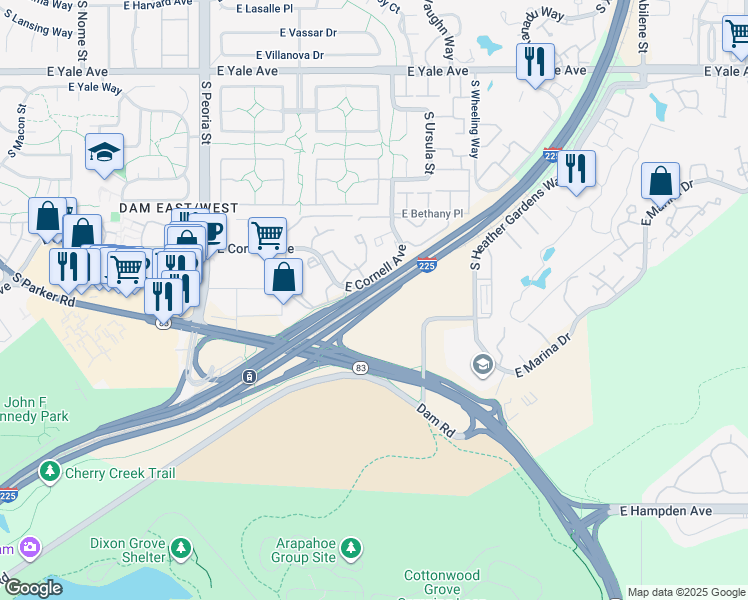 map of restaurants, bars, coffee shops, grocery stores, and more near in Aurora