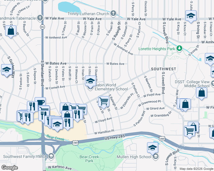 map of restaurants, bars, coffee shops, grocery stores, and more near 3054 South Raleigh Street in Denver