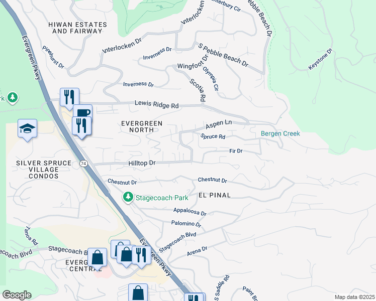 map of restaurants, bars, coffee shops, grocery stores, and more near 3029 Forest Way in Evergreen