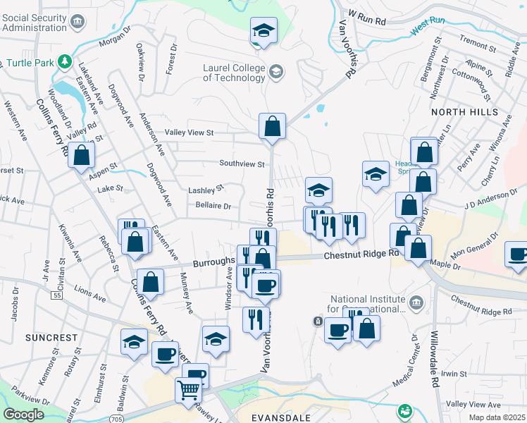 map of restaurants, bars, coffee shops, grocery stores, and more near 1231 Van Voorhis Road in Morgantown
