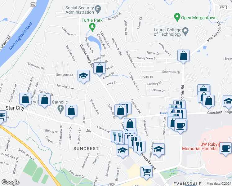 map of restaurants, bars, coffee shops, grocery stores, and more near 521 Woodhaven Drive in Morgantown