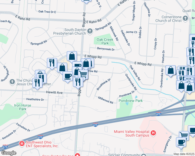 map of restaurants, bars, coffee shops, grocery stores, and more near 5705 Coach Drive East in Dayton