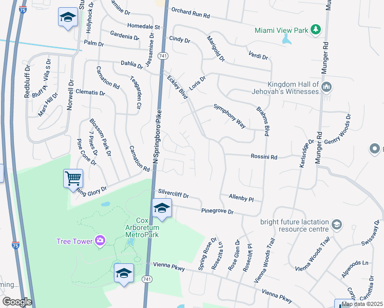 map of restaurants, bars, coffee shops, grocery stores, and more near 6575 Hidden Knolls Court in Dayton