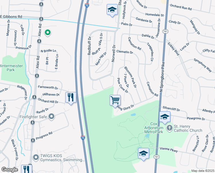 map of restaurants, bars, coffee shops, grocery stores, and more near 1308 Camphill Way in Dayton