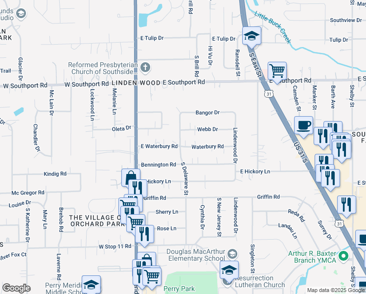 map of restaurants, bars, coffee shops, grocery stores, and more near 217 Waterbury Road in Indianapolis