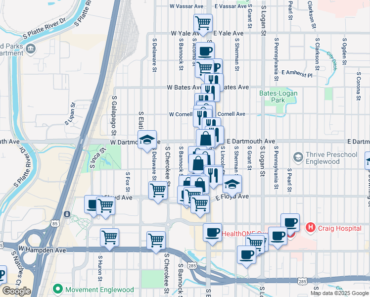 map of restaurants, bars, coffee shops, grocery stores, and more near 3120 South Bannock Street in Englewood