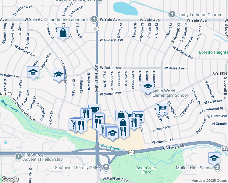 map of restaurants, bars, coffee shops, grocery stores, and more near 2992 South Zenobia Street in Denver