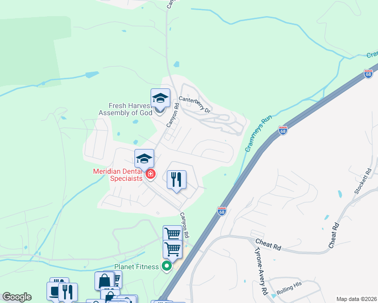 map of restaurants, bars, coffee shops, grocery stores, and more near 23 Antietam Dr in Morgantown