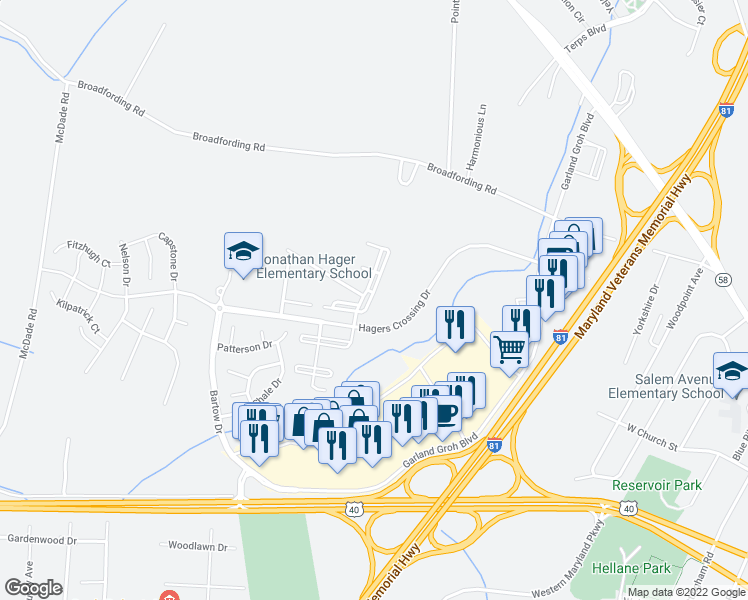 map of restaurants, bars, coffee shops, grocery stores, and more near 12529 Atlanta Court in Hagerstown